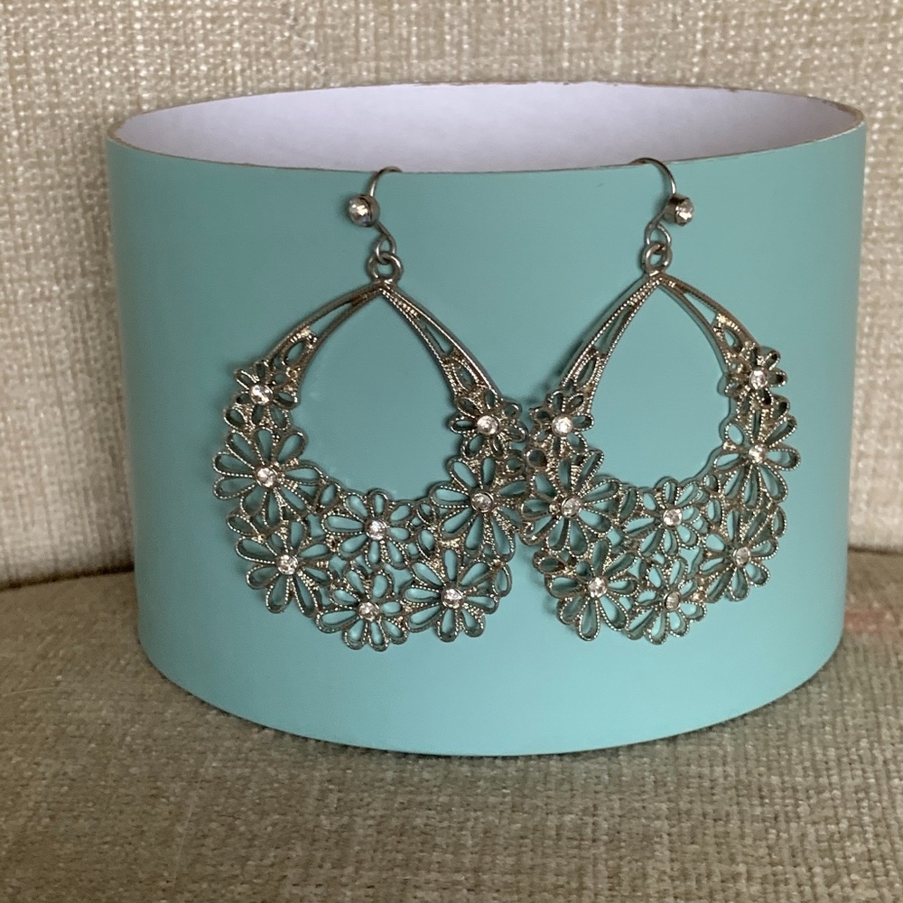 Silver Flower and Crystal Earrings 2”